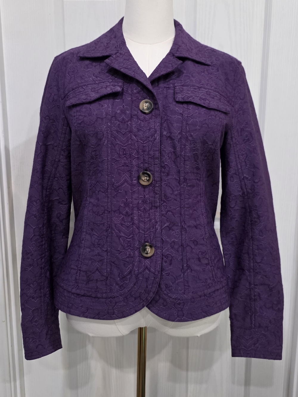 Coldwater Creek Purple Textured Floral Blazer Jacket Size 12 Button Cuff